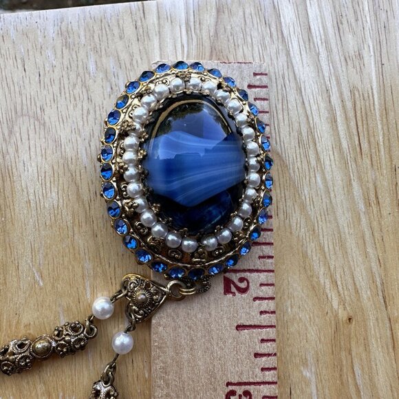 VTG Pendant Necklace 26" W Germany Porphyry Blue Art Glass Filigree Faux Pearl - Picture 10 of 12